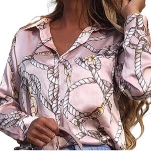 NWT Zara Silky Knotted & Gold Chain Print Pink Button Down Front Shirt - Size L